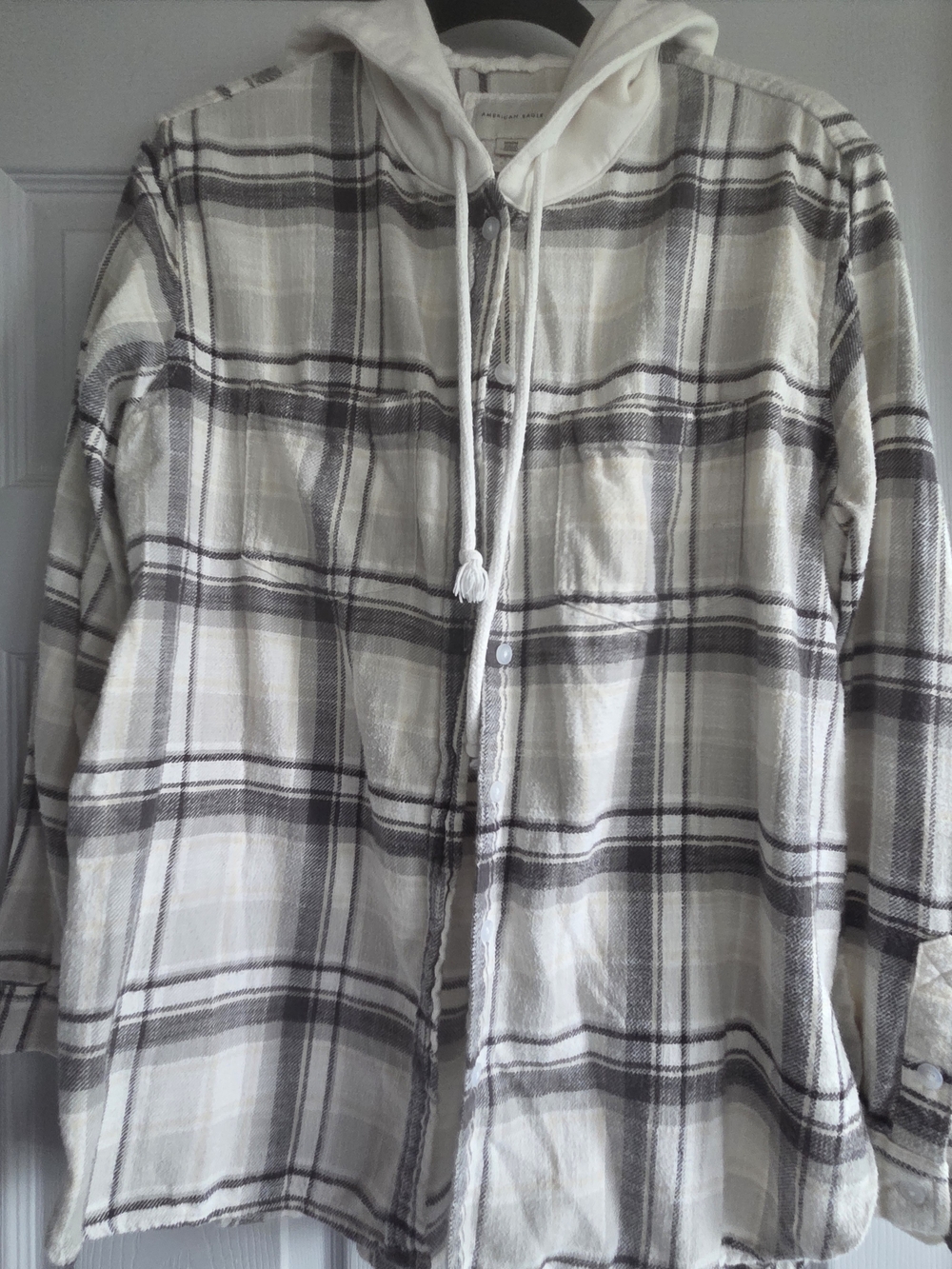American Eagle Outfitters Ivory and Gray Plaid Hooded Shirt Jacket